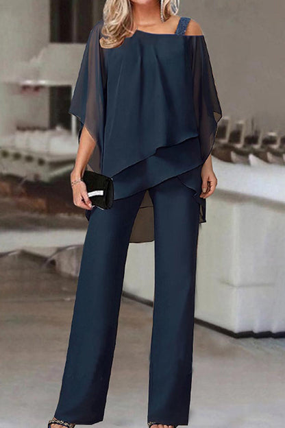 Conjunto informal de dos piezas con cuello oblicuo y parches lisos (5 colores)