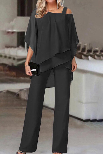 Conjunto informal de dos piezas con cuello oblicuo y parches lisos (5 colores)