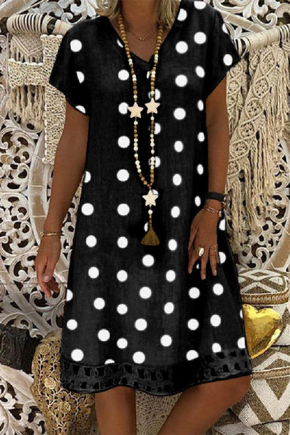 Women V-Neck Short Sleeve Hollow Polka Dot Summer Dress(10 Colors)