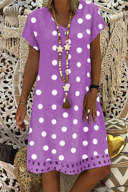 Women V-Neck Short Sleeve Hollow Polka Dot Summer Dress(10 Colors)