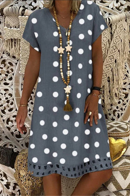 Women V-Neck Short Sleeve Hollow Polka Dot Summer Dress(10 Colors)