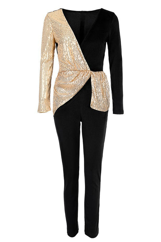 Casual Color Block Sequins V Neck Regular Jumpsuits