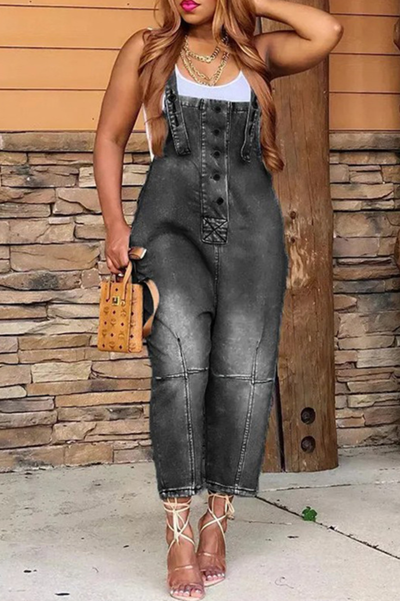 Street Solid Patchwork Buckle Square Collar Straight Jumpsuits(4 Colors)