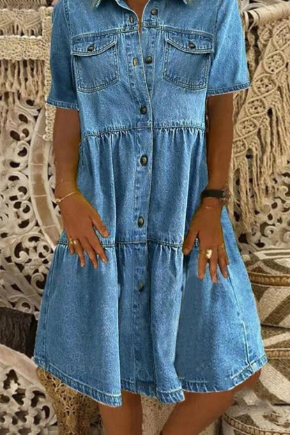 Vestidos vaqueros holgados informales de manga corta con cuello vuelto y parches sólidos
