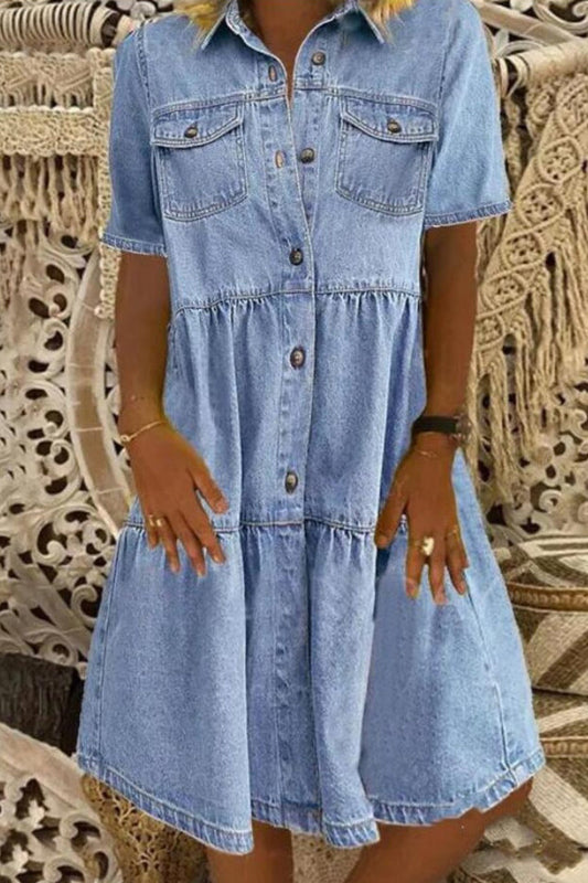 Vestidos vaqueros holgados informales de manga corta con cuello vuelto y parches sólidos