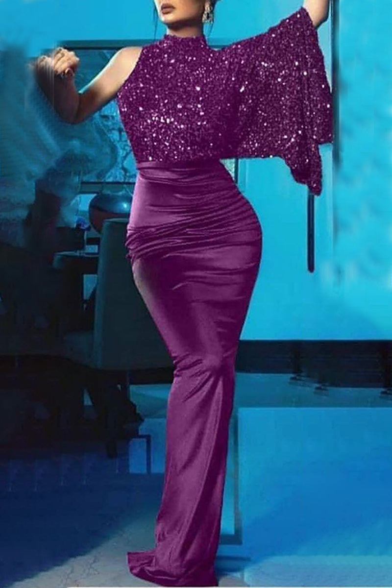 Elegante vestido formal irregular con cuello oblicuo y lentejuelas sólidas