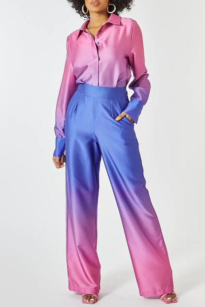 Conjunto casual de dos piezas con cuello vuelto, manga larga y contraste de cambio gradual