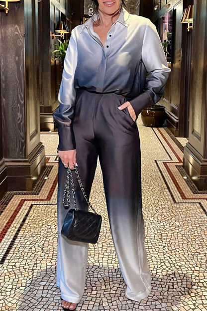 Conjunto casual de dos piezas con cuello vuelto, manga larga y contraste de cambio gradual