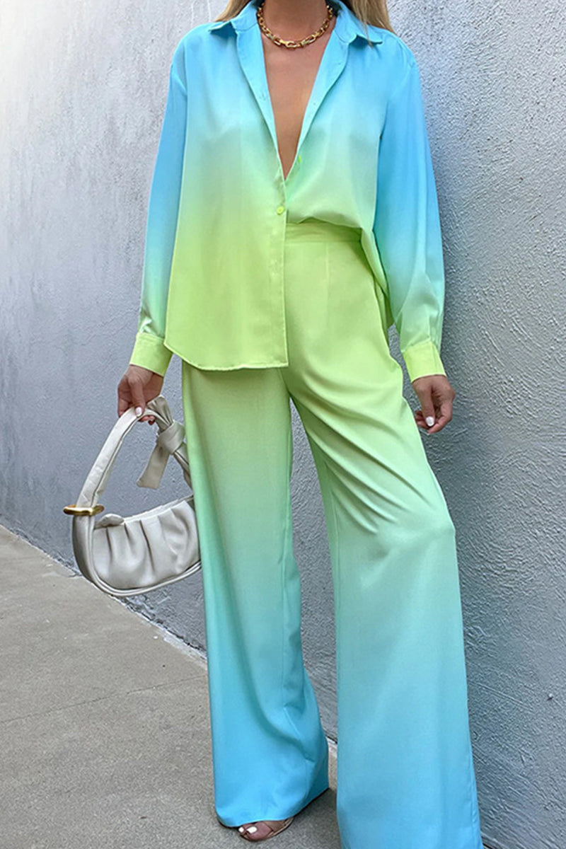 Conjunto casual de dos piezas con cuello vuelto, manga larga y contraste de cambio gradual