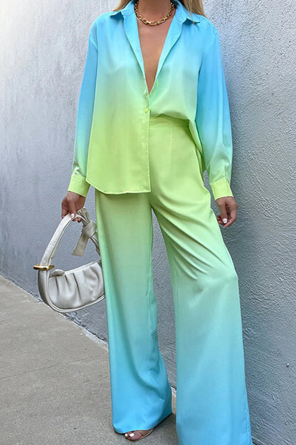 Conjunto casual de dos piezas con cuello vuelto, manga larga y contraste de cambio gradual