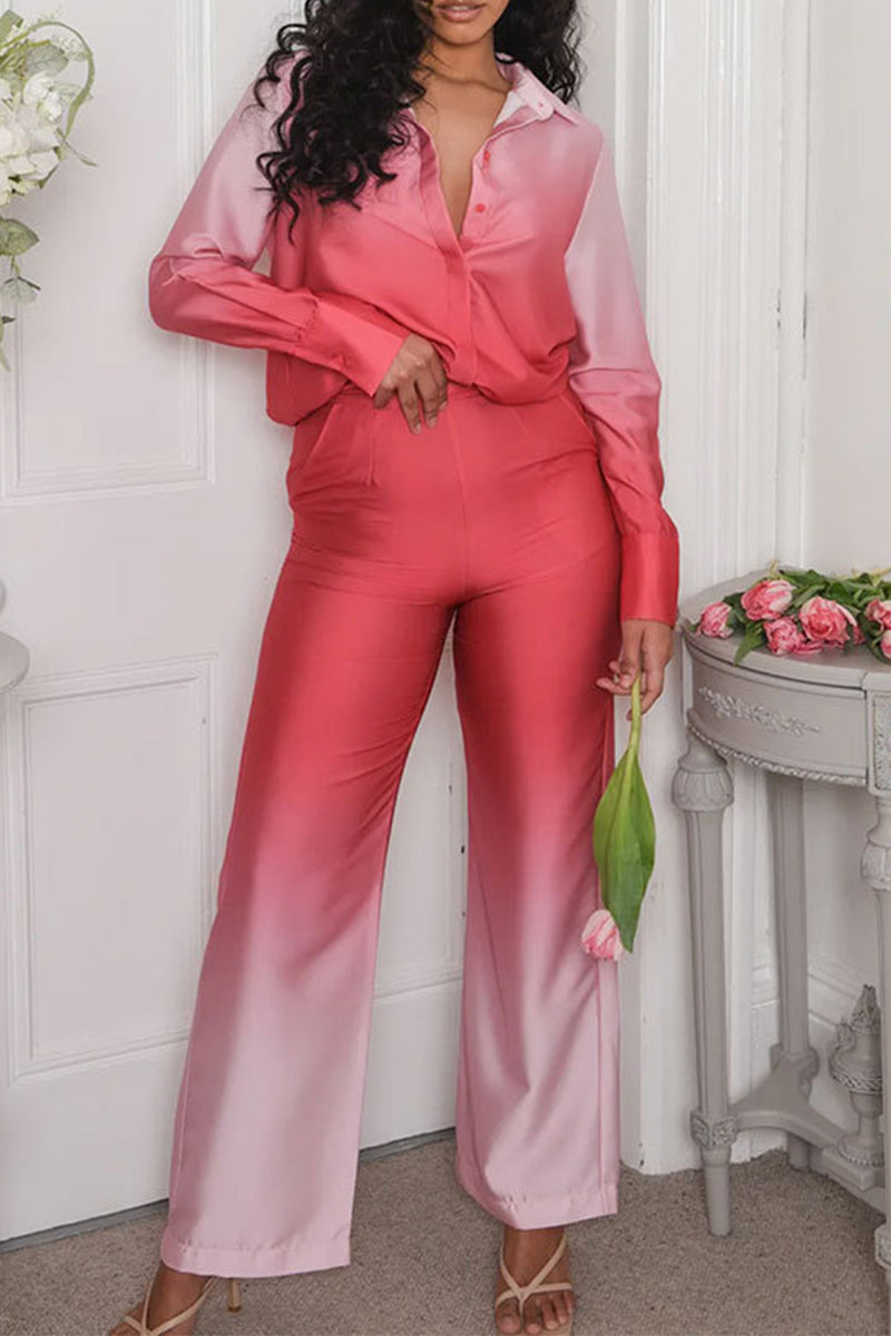 Conjunto casual de dos piezas con cuello vuelto, manga larga y contraste de cambio gradual