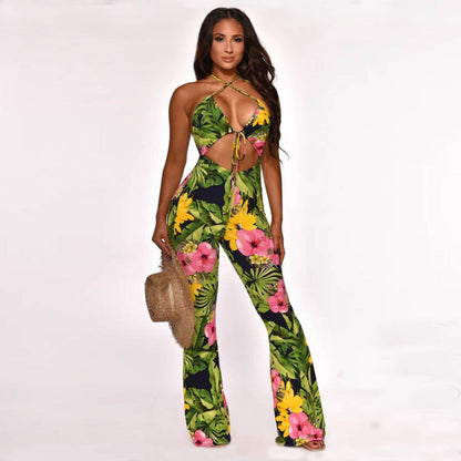 Sexy Strap Women Printed Bell Bottom Pants Jumpsuit