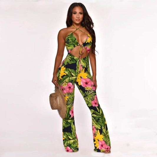 Sexy Strap Women Printed Bell Bottom Pants Jumpsuit