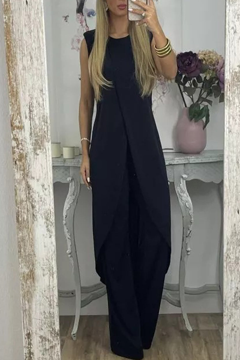 Conjunto casual de dos piezas, liso, asimétrico, con cuello redondo y sin mangas