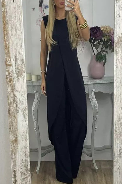 Conjunto casual de dos piezas, liso, asimétrico, con cuello redondo y sin mangas