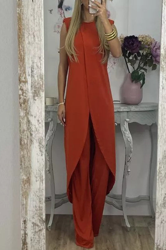 Conjunto casual de dos piezas, liso, asimétrico, con cuello redondo y sin mangas