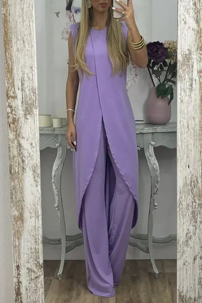 Conjunto casual de dos piezas, liso, asimétrico, con cuello redondo y sin mangas