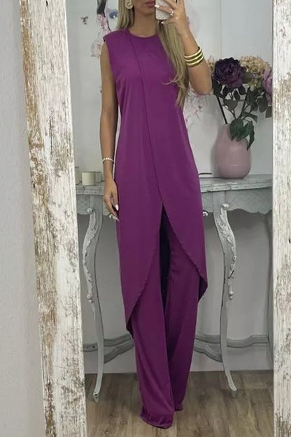 Conjunto casual de dos piezas, liso, asimétrico, con cuello redondo y sin mangas
