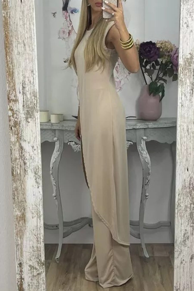 Conjunto casual de dos piezas, liso, asimétrico, con cuello redondo y sin mangas