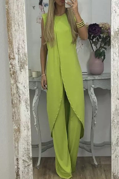 Conjunto casual de dos piezas, liso, asimétrico, con cuello redondo y sin mangas