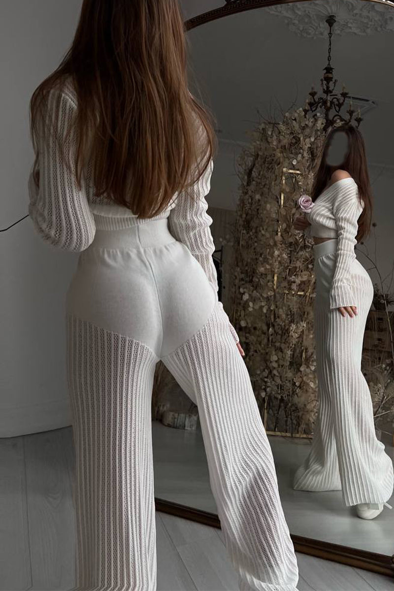 Conjunto informal de dos piezas con cuello en V, manga larga y botones ahuecados, color liso