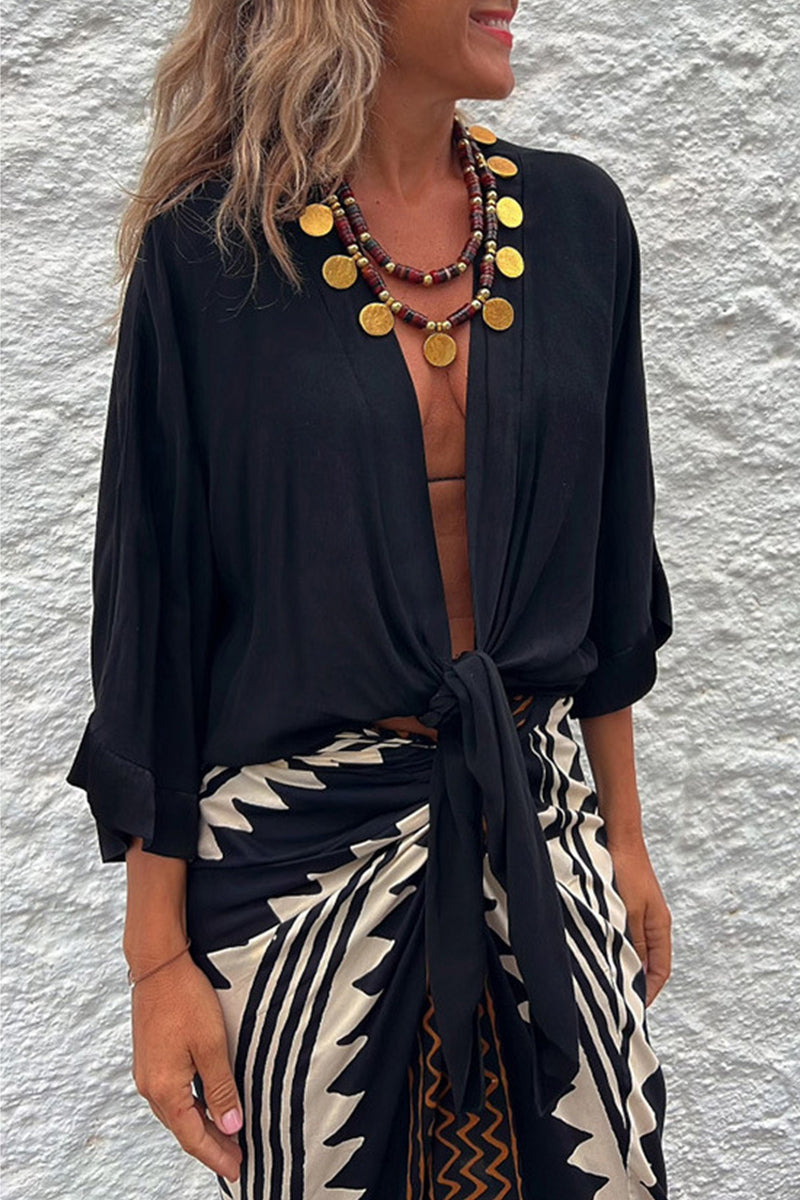 Casual Solid Frenulum V Neck Tops