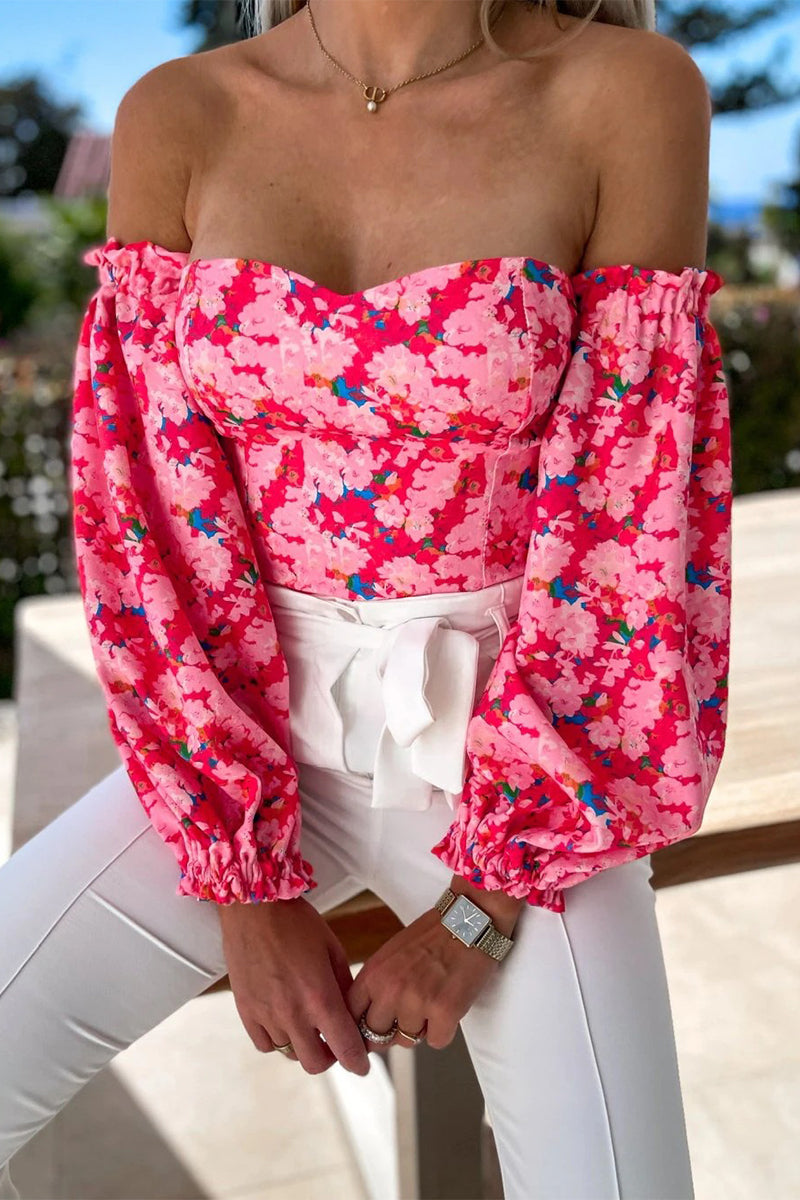 Sweet Elegant Print Printing Off the Shoulder Tops(8 Colors)