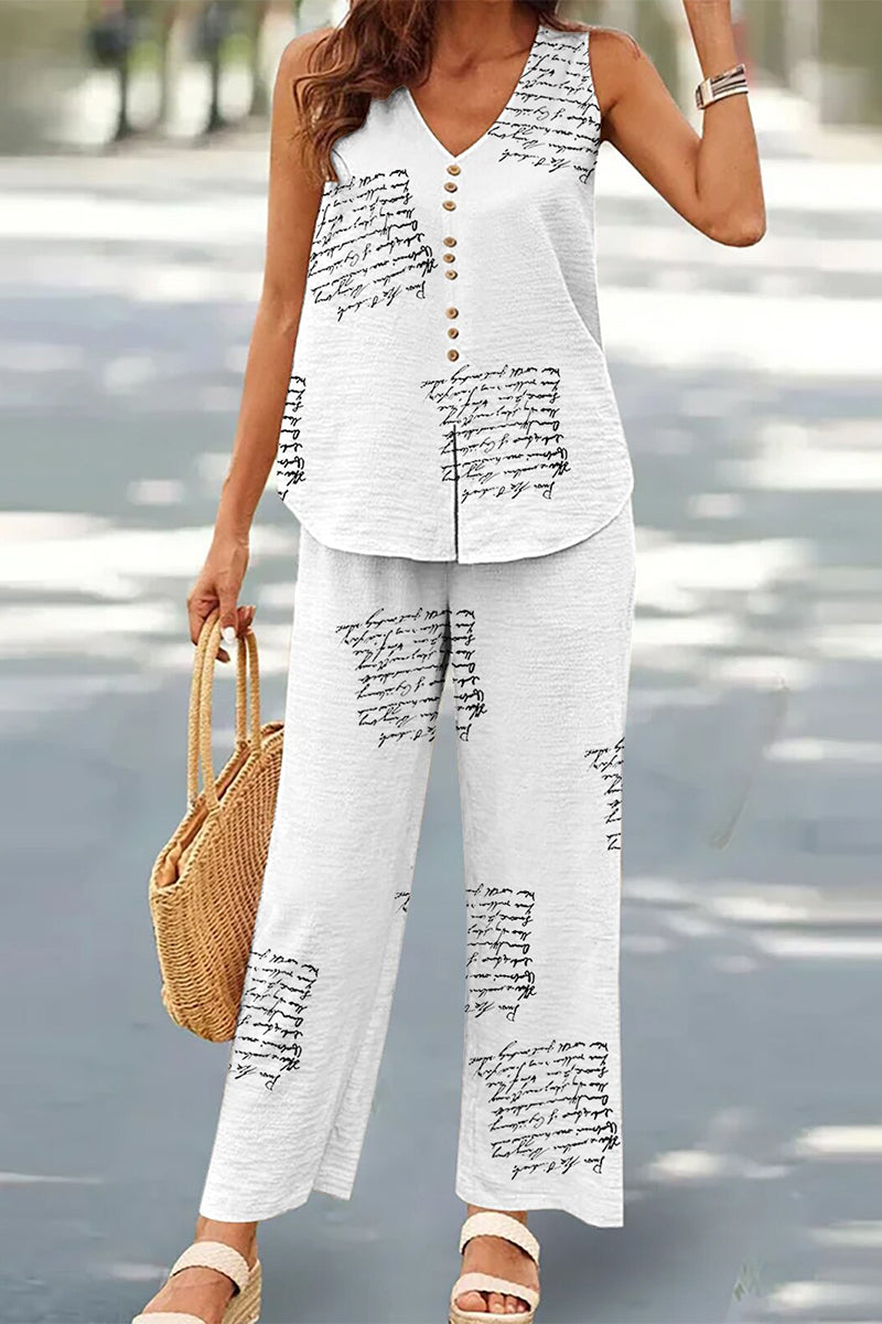Conjunto casual de dos piezas con botones, escote en V y sin mangas