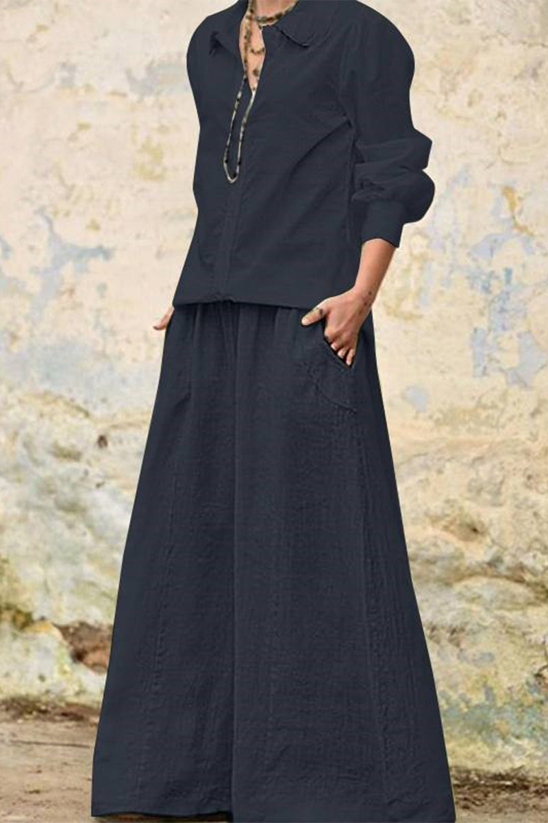 Conjunto informal de dos piezas con cuello vuelto, manga larga y bolsillos sólidos