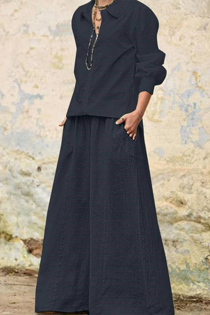 Conjunto informal de dos piezas con cuello vuelto, manga larga y bolsillos sólidos