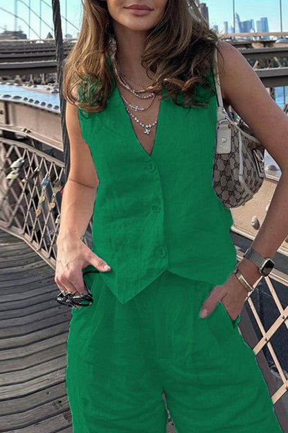 Conjunto informal sencillo de dos piezas con hebilla sólida, escote en V y sin mangas (6 colores)