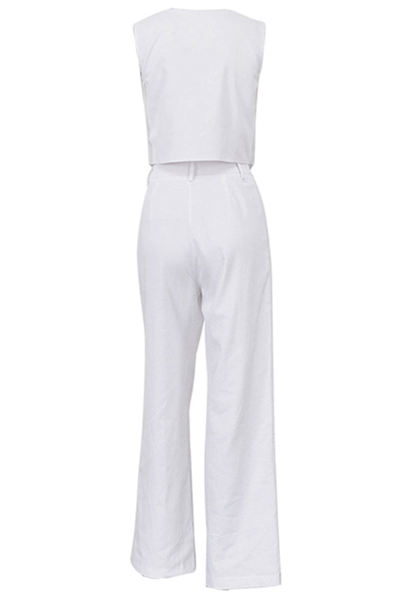Conjunto informal sencillo de dos piezas con hebilla sólida, escote en V y sin mangas (6 colores)