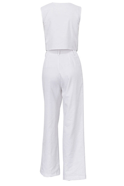 Conjunto informal sencillo de dos piezas con hebilla sólida, escote en V y sin mangas (6 colores)