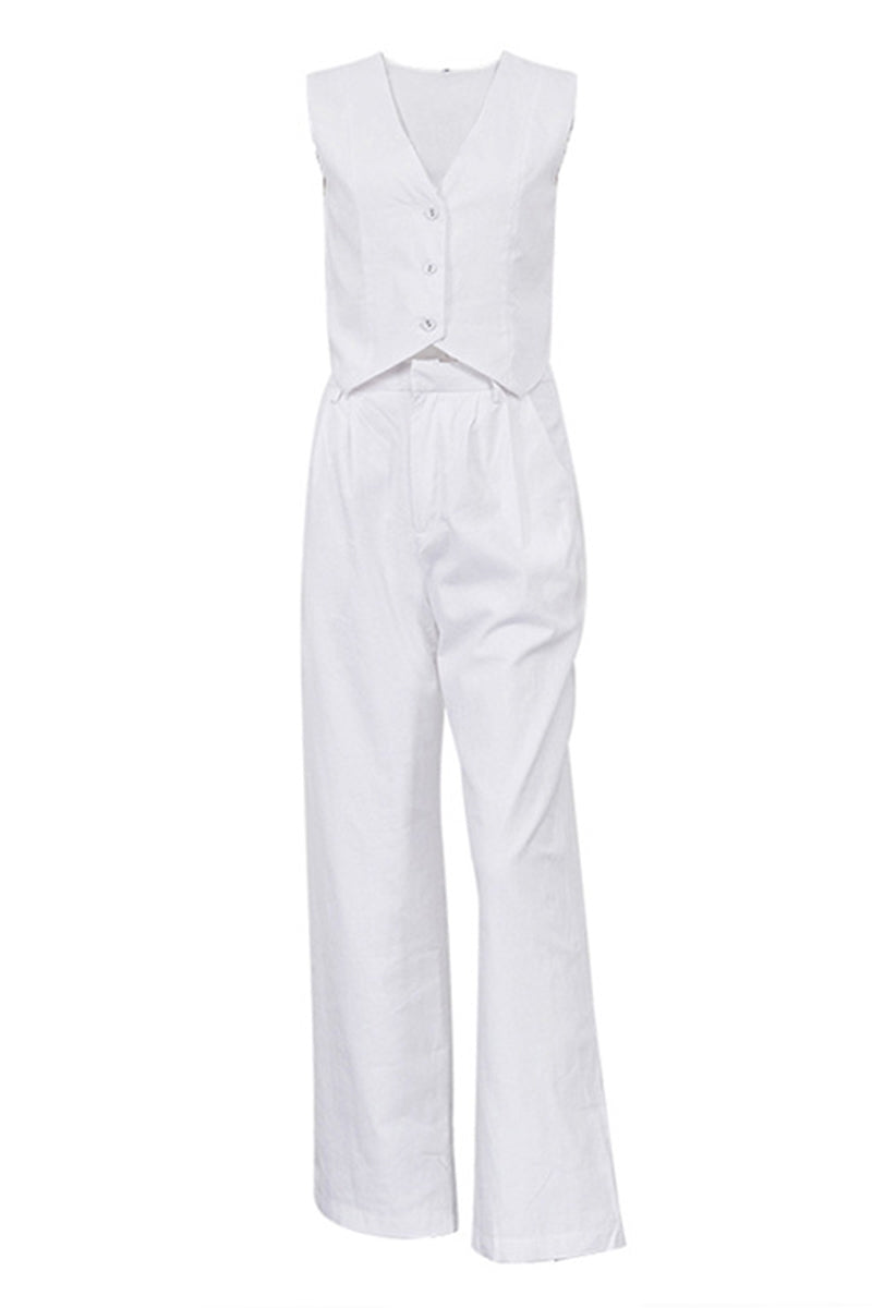 Conjunto informal sencillo de dos piezas con hebilla sólida, escote en V y sin mangas (6 colores)