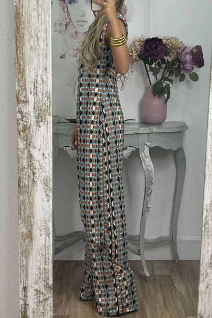 Conjunto de dos piezas informal con estampado, abertura y cuello redondo, sin mangas