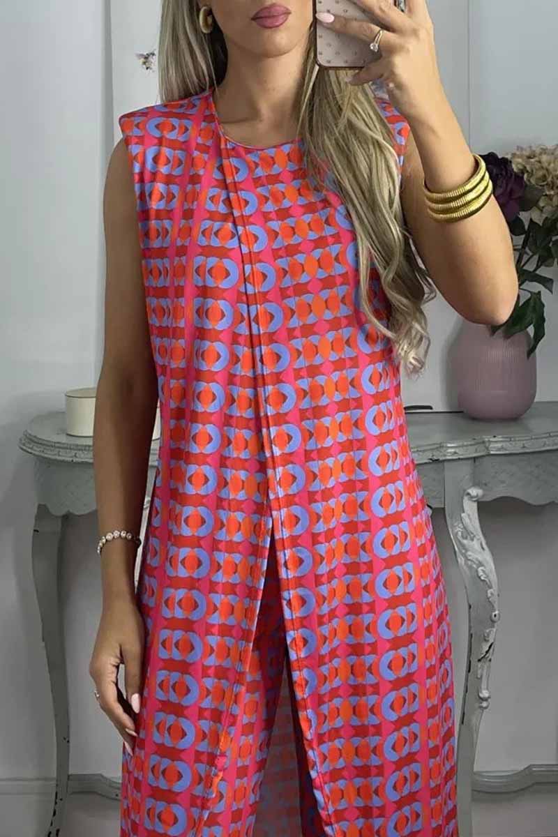 Conjunto de dos piezas informal con estampado, abertura y cuello redondo, sin mangas