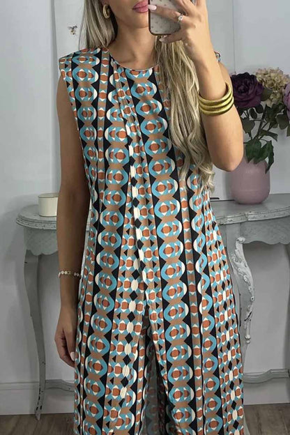 Conjunto de dos piezas informal con estampado, abertura y cuello redondo, sin mangas