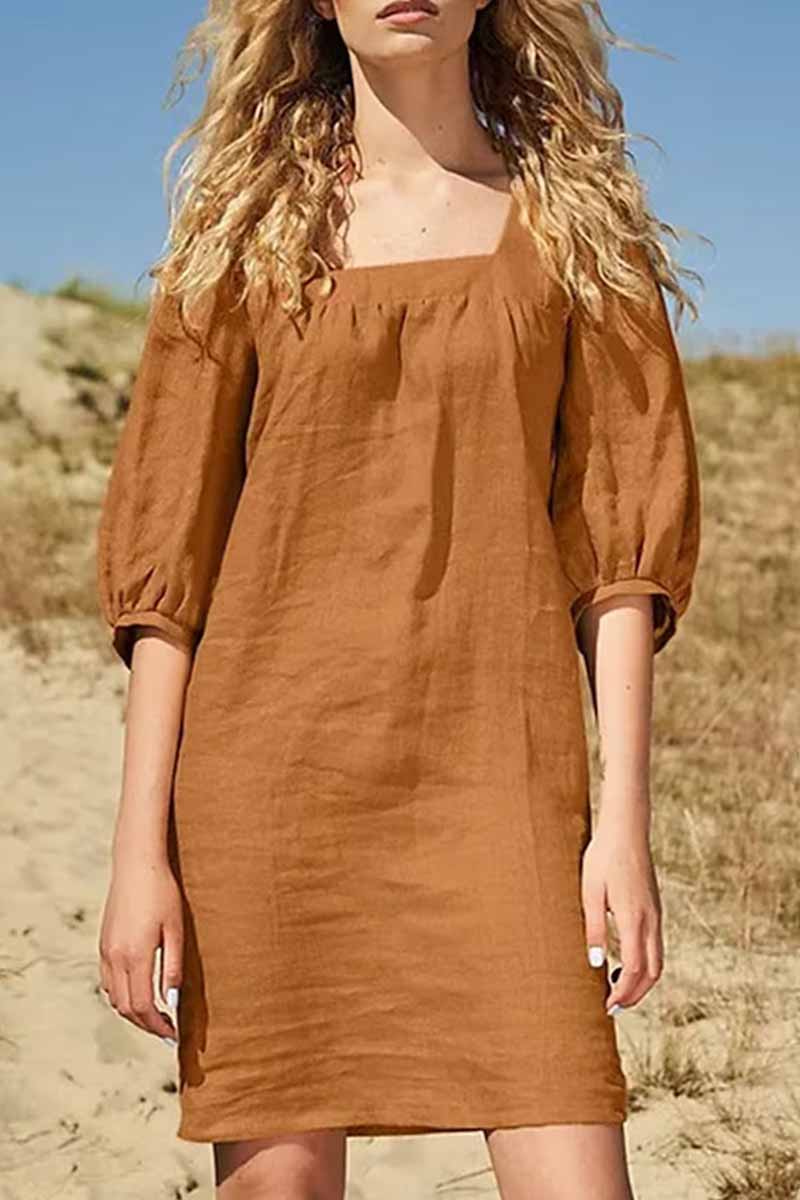 Vestidos casuales de falda de un solo paso con cuello cuadrado y patchwork sólido