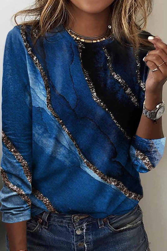 Casual Print Patchwork O Neck Tops(9 Colors)