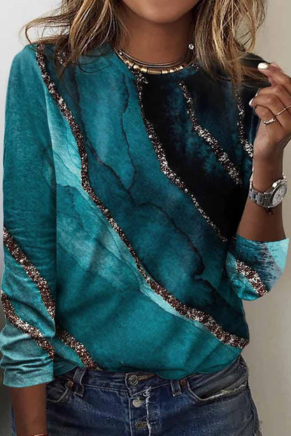 Casual Print Patchwork O Neck Tops(9 Colors)