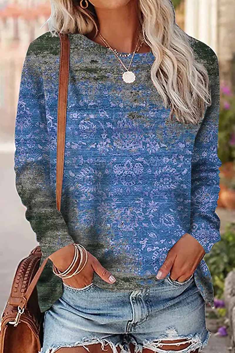 Casual Print Patchwork O Neck Tops(9 Colors)
