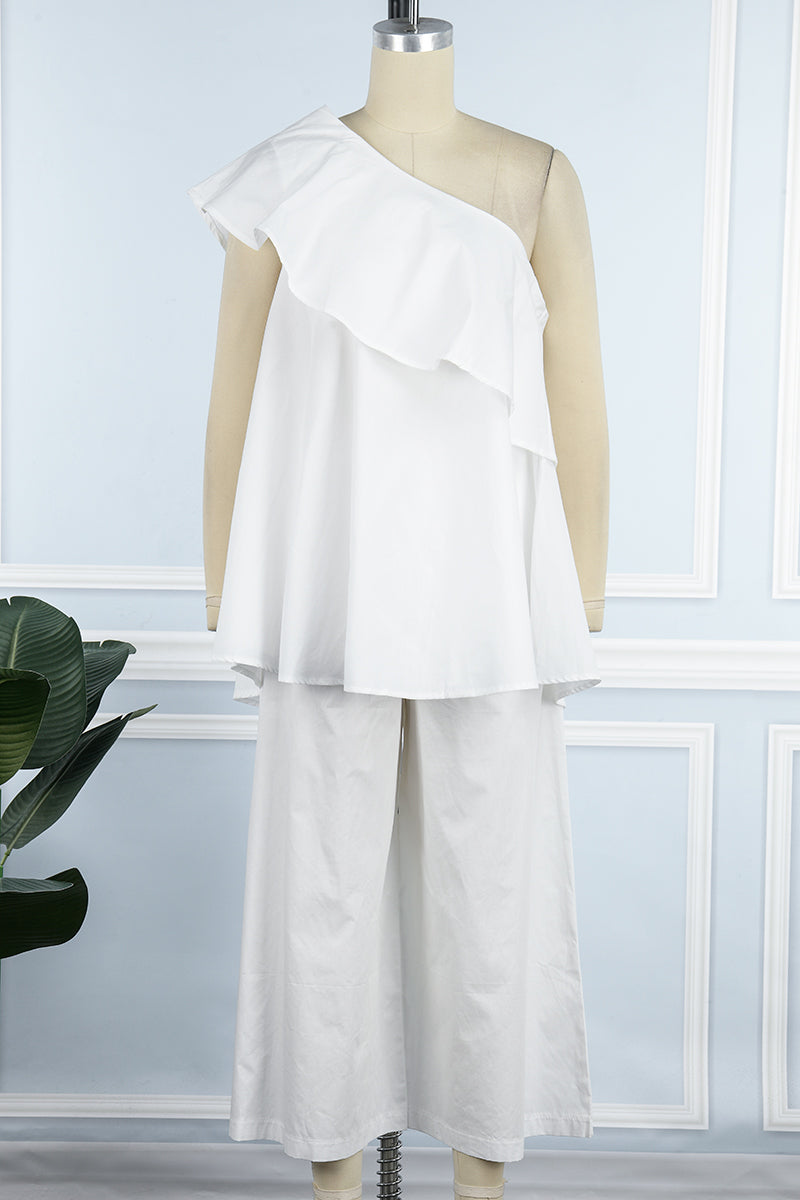 Casual Solid Patchwork Flounce Oblique Collar Sleeveless Two Pieces(4 Colors)