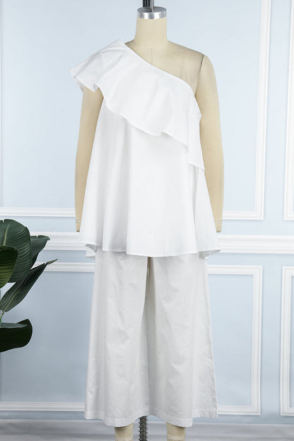 Casual Solid Patchwork Flounce Oblique Collar Sleeveless Two Pieces(4 Colors)