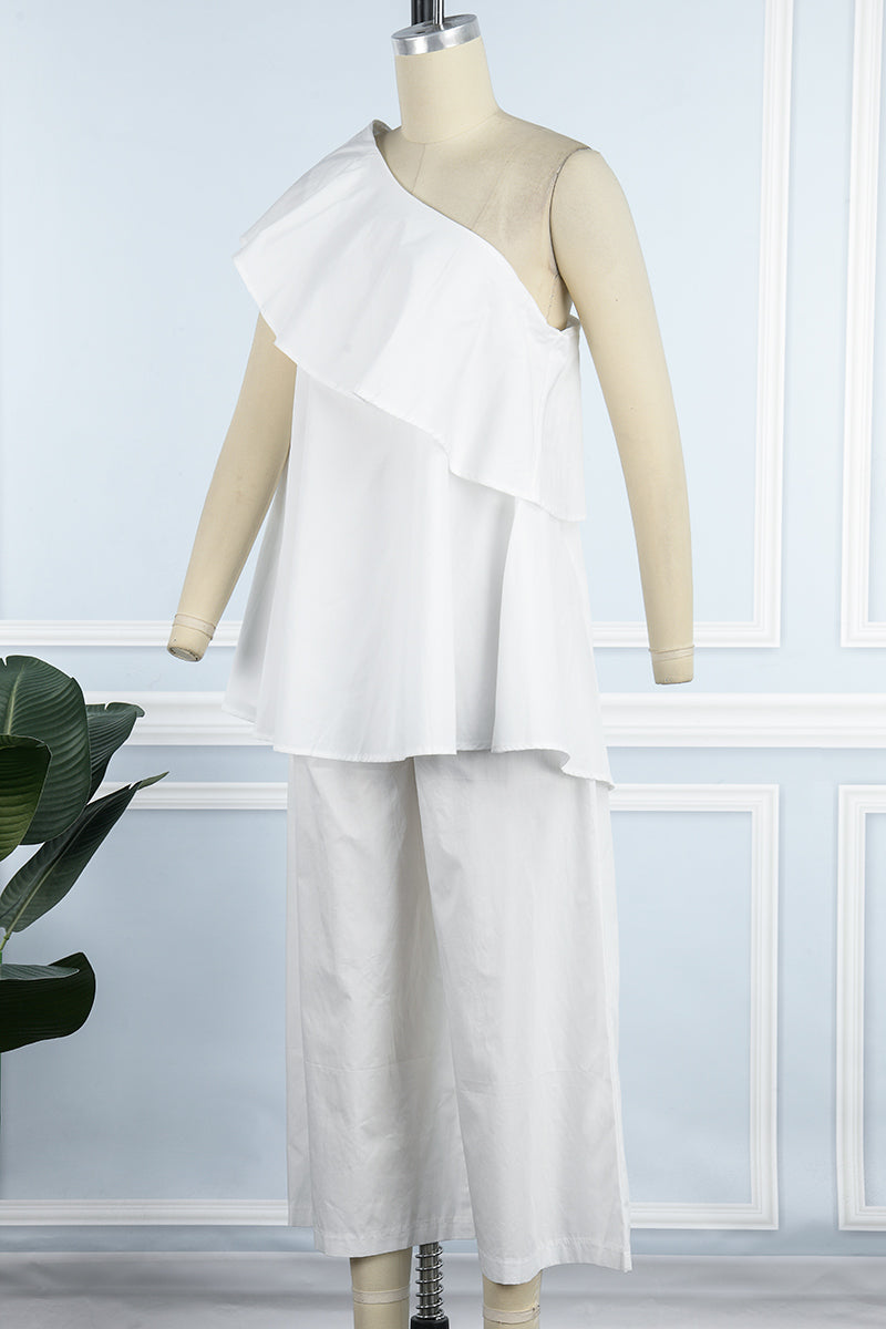 Casual Solid Patchwork Flounce Oblique Collar Sleeveless Two Pieces(4 Colors)