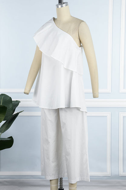 Casual Solid Patchwork Flounce Oblique Collar Sleeveless Two Pieces(4 Colors)