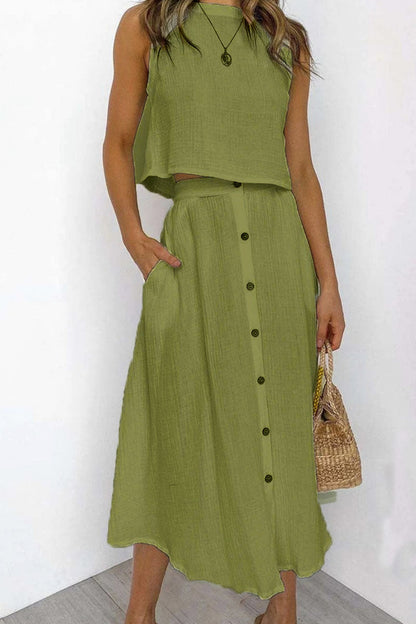 Casual Solid Split Joint O Neck Sleeveless Two Pieces(5 colors)