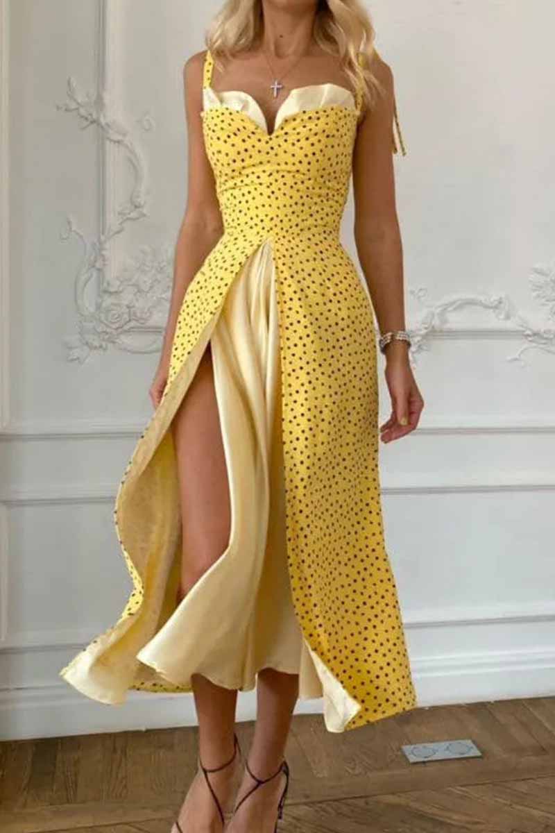 Elegant Print Solid Patchwork Slit V Neck A Line Dresses(5 Colors)