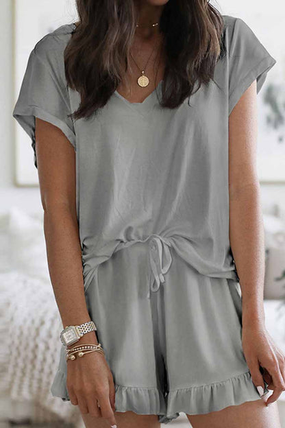 Conjunto de dos piezas con cuello en V, manga corta y patchwork liso de Street Living