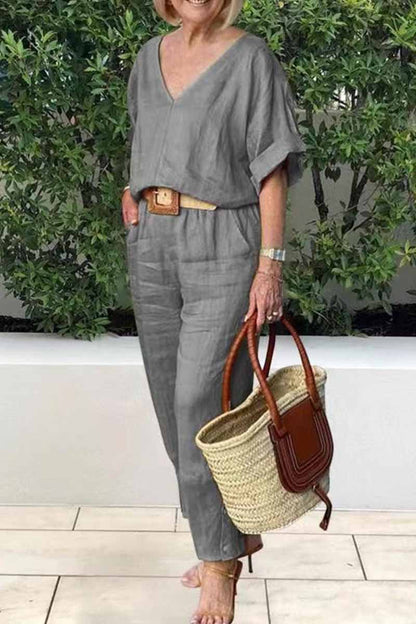 Conjunto informal elegante de dos piezas con cuello en V, manga corta y estampado sólido