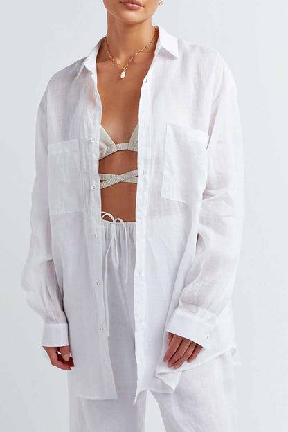Conjunto informal de dos piezas con cuello vuelto, manga larga y color liso